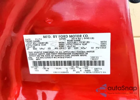 2012 Ford Escape Xlt z USA, uszkodzony, nr VIN 1FMCU0D74CKB27007